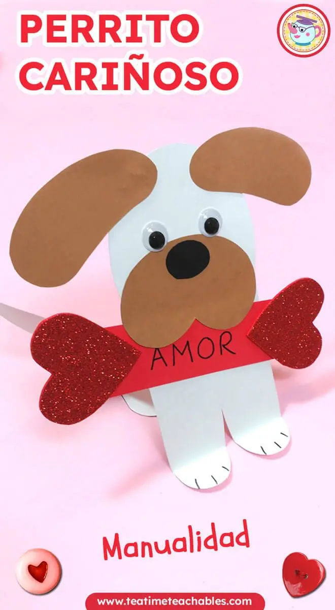 Manualidad fácil de San Valentín para niños: perrito de papel con ojos móviles y orejas marrones, sosteniendo un corazón rojo y la palabra "AMOR". Fondo rosa, estilo divertido.