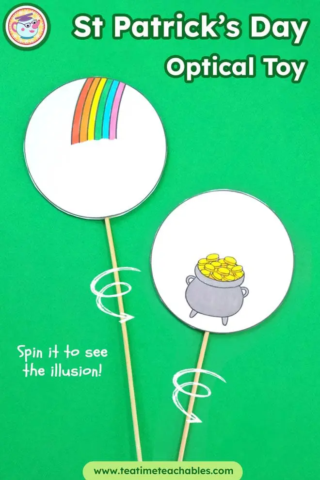 St Patrick's Day craft optical toy on a green background. Left disc shows a colorful rainbow, right circle features a pot filled with gold coins, symbolizing fortune.