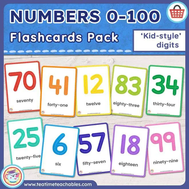 NUMBERS 0 to 100 FLASHCARDS PACK: ‘Kid-style’ digits