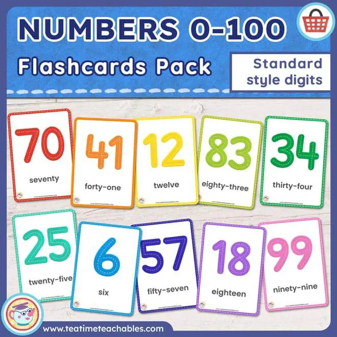 NUMBERS 0 to 100 FLASHCARDS PACK: Standard style digits
