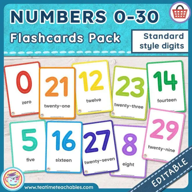 NUMBERS 0 to 30 FLASHCARDS PACK: Standard style digits