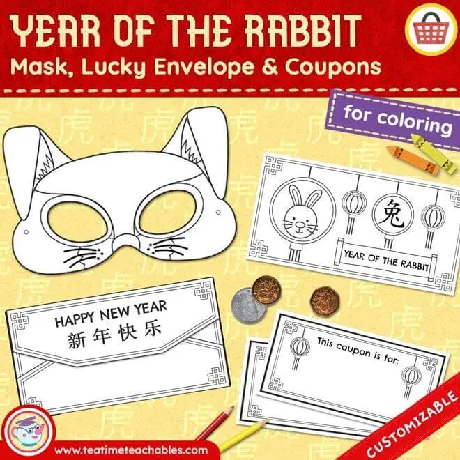 Year of the Rabbit Craft: Mask & Lucky Envelope with Coupons for Coloring