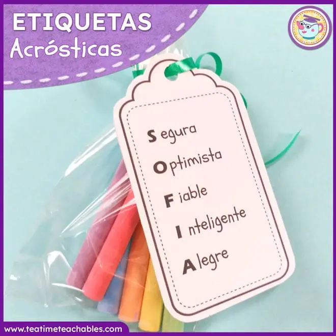 Nombres acrósticos – Etiquetas para regalos de fin de curso