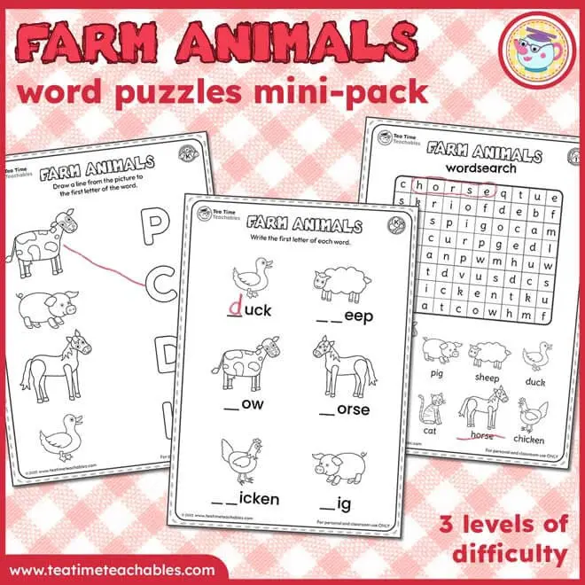 Farm Animals Worksheets and Word Puzzles