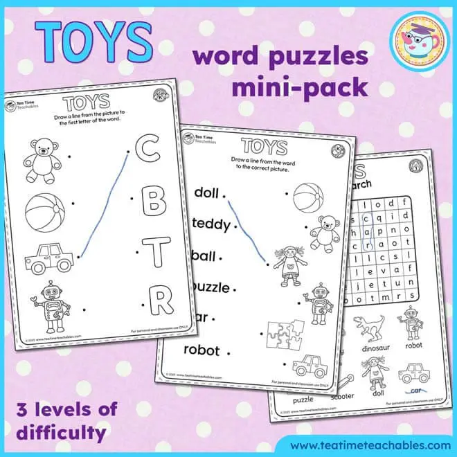 Toys Worksheets and Word Puzzles Mini-Pack
