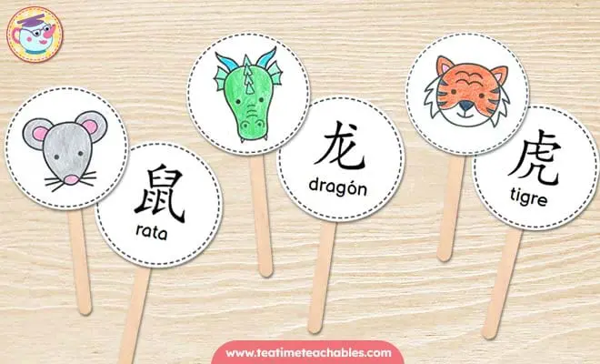 Títeres de palo imprimibles de los animales del Zodiaco Chino para niños.