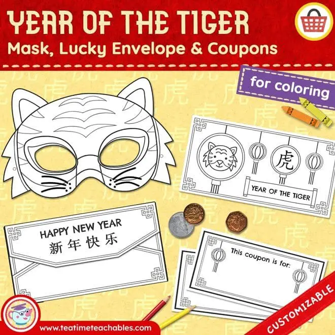 Year of the Tiger Mask & Lucky Envelope with Coupons for Coloring
