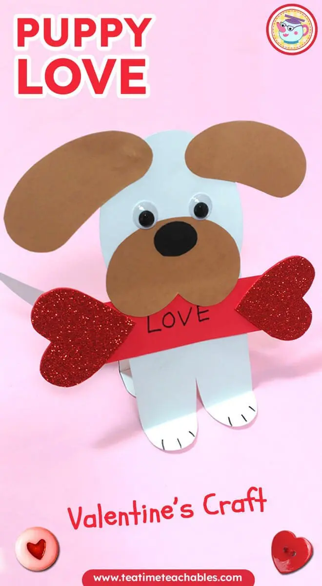 Easy Valentine craft for kids featuring a paper puppy with googly eyes and brown ears, holding red glitter hearts and displaying "LOVE." Pink background, playful.
