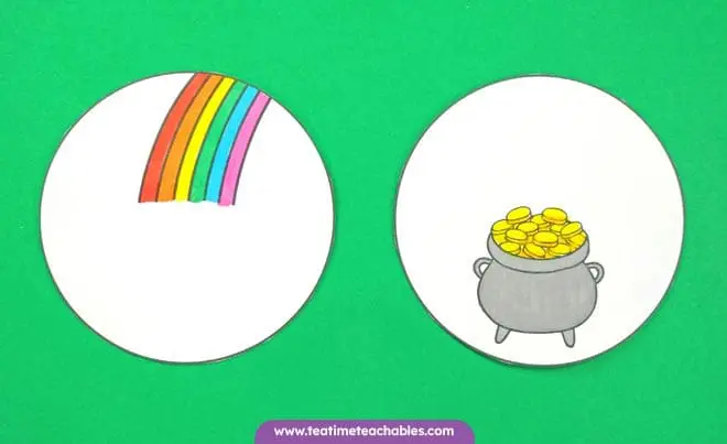 St Patrick's Day craft optical toy on a green background. Left disc shows a colorful rainbow, right circle features a pot filled with gold coins, symbolizing fortune.