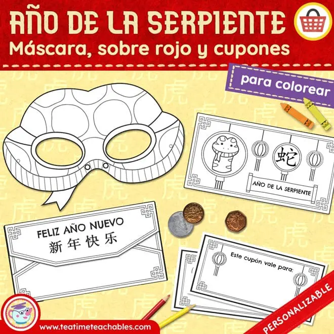 Año de la Serpiente: Máscara y Sobre Rojo con Cupones para Colorear